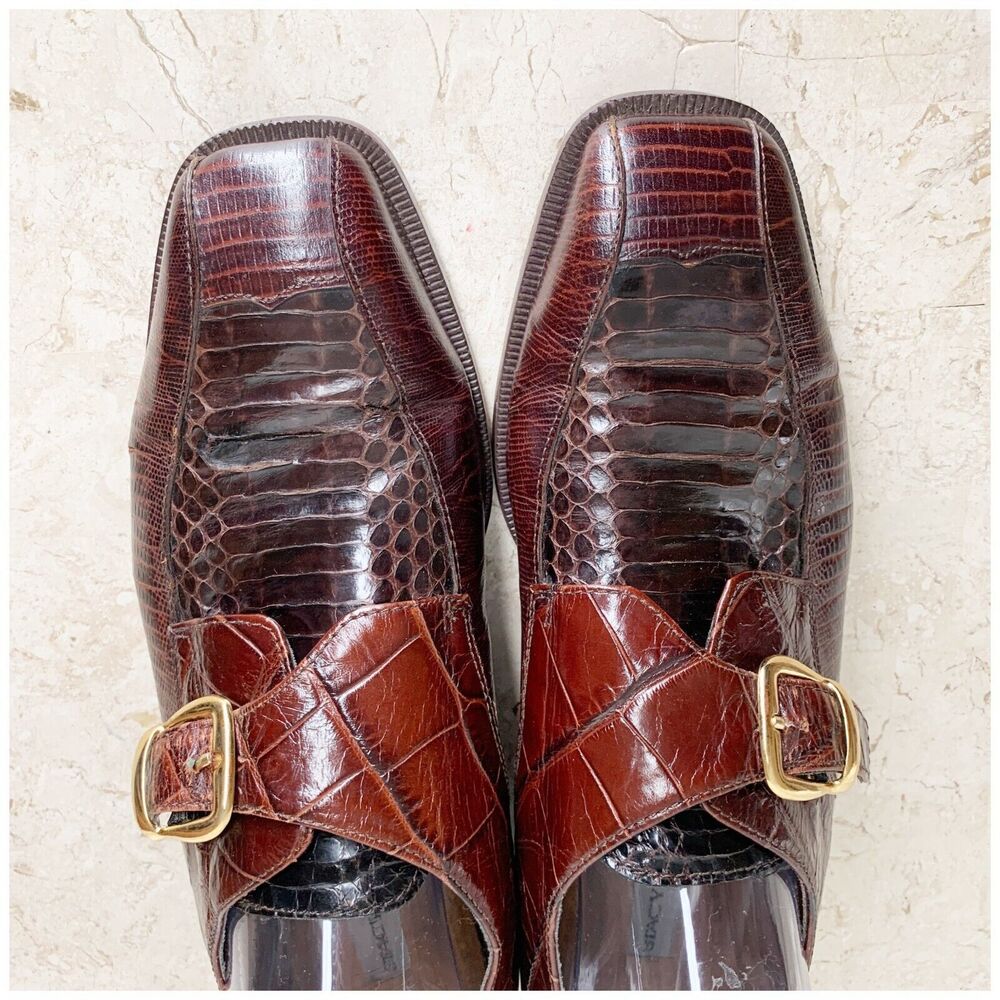 Stacy Adams Monk Strap Mens Dress Shoes Size 9 Genuine Snakeskin Brown Leather - Picture 4 of 12